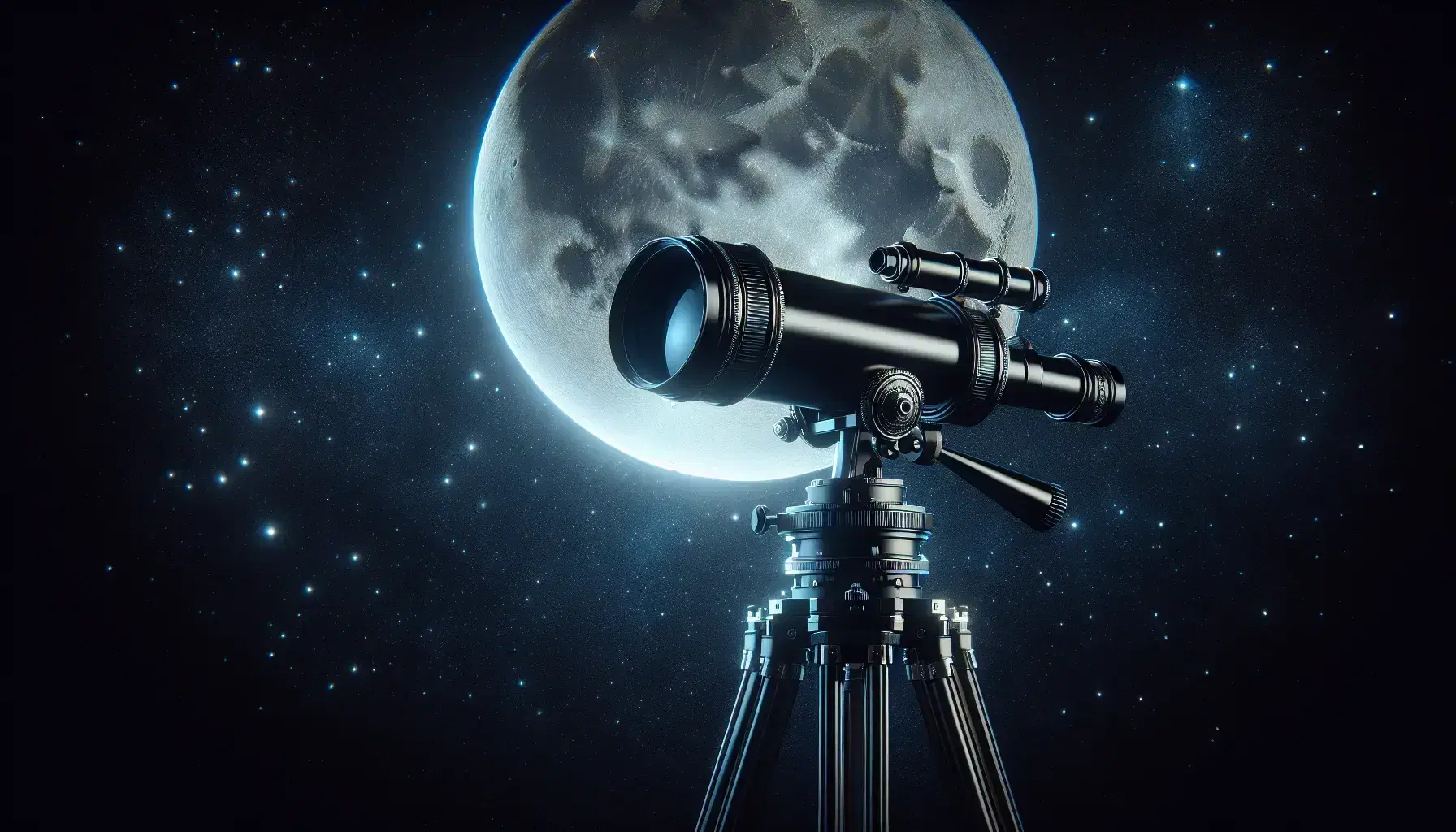 Telescopio astronomico nero puntato verso un cielo notturno stellato con luna piena dominante, su treppiede regolabile.