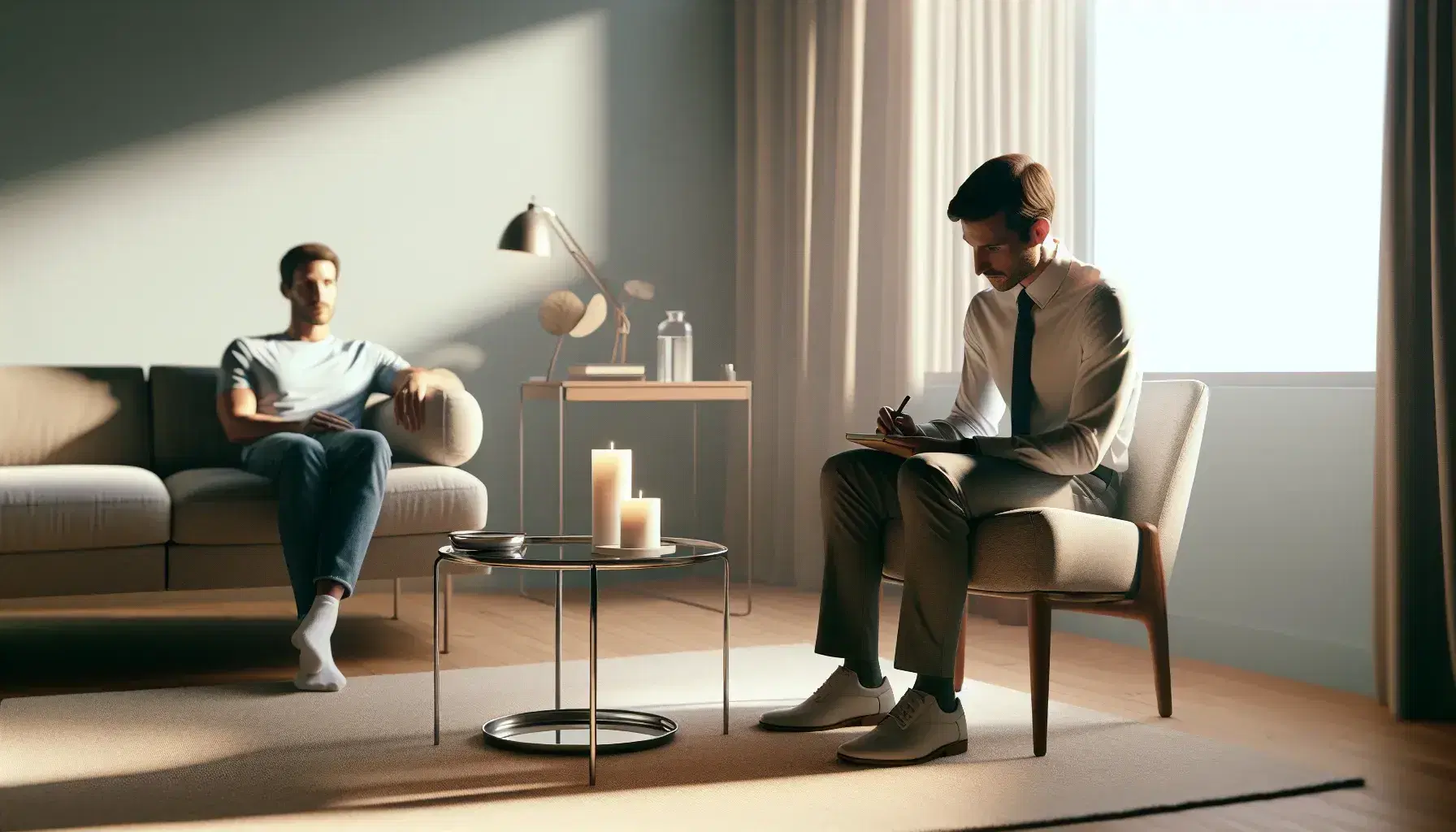 Therapy session with therapist in white shirt and patient on blue sofa, small table with unlit candle, serene environment.