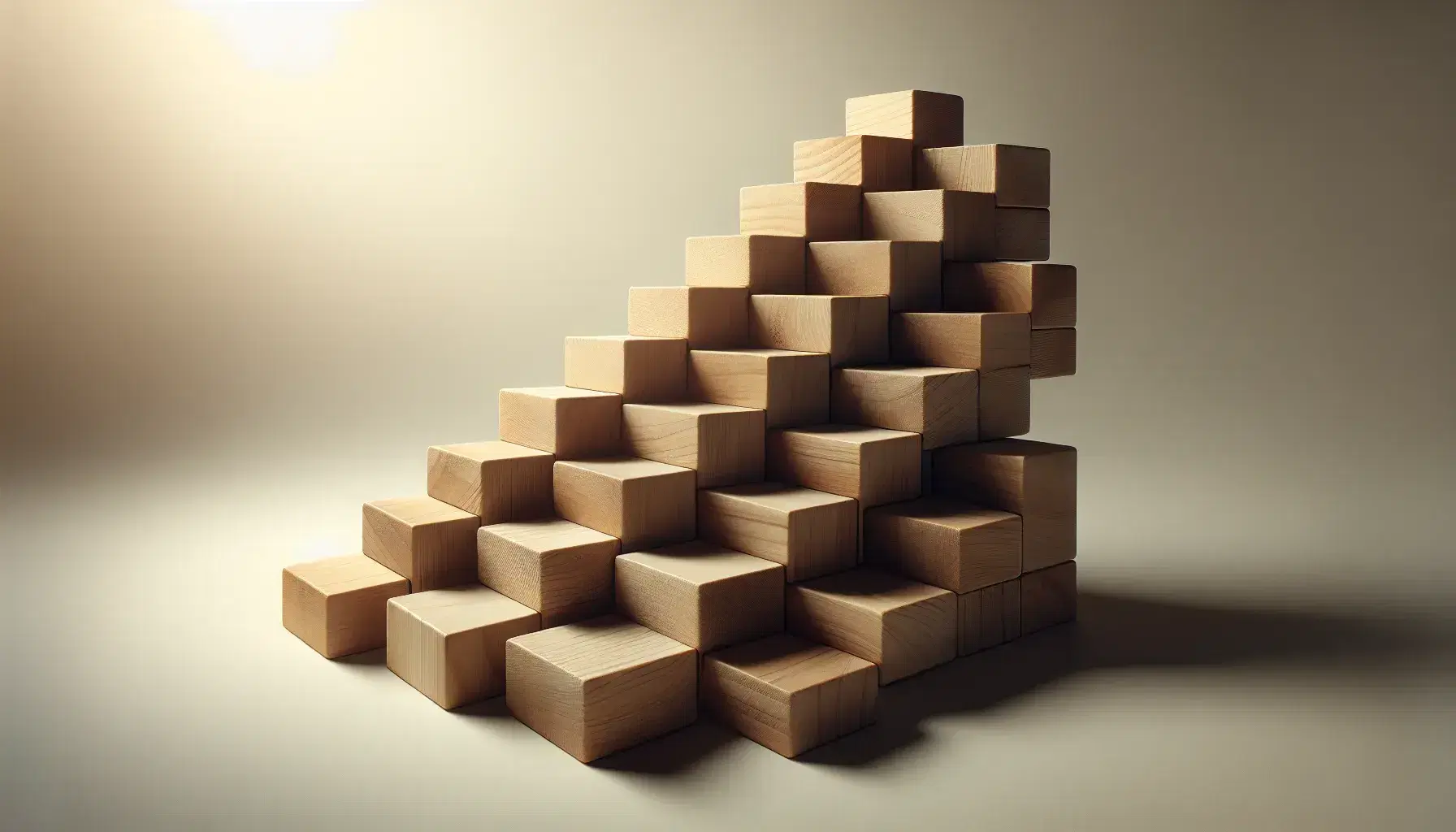 Bloques de madera en formación de escalera ascendente con sombras suaves sobre fondo neutro, evocando progreso y simplicidad.