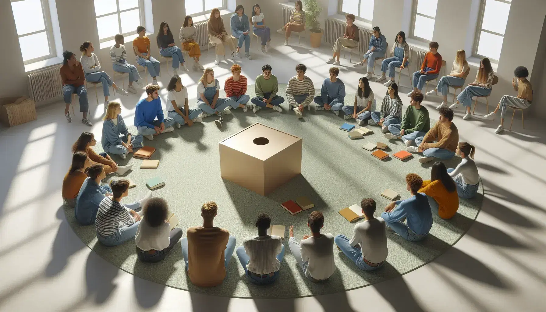 Grupo diverso de estudiantes sentados en círculo en el suelo con una caja de sugerencias en el centro, discutiendo activamente en una sala iluminada naturalmente.