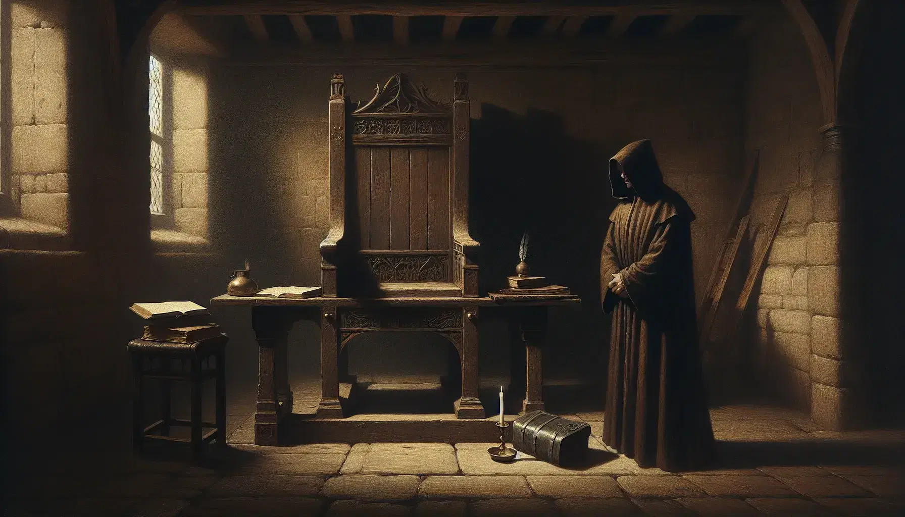 Dimly lit medieval room with stone walls, wooden throne, and table with book and inkwell; robed figure stands beside bound person in tunic.