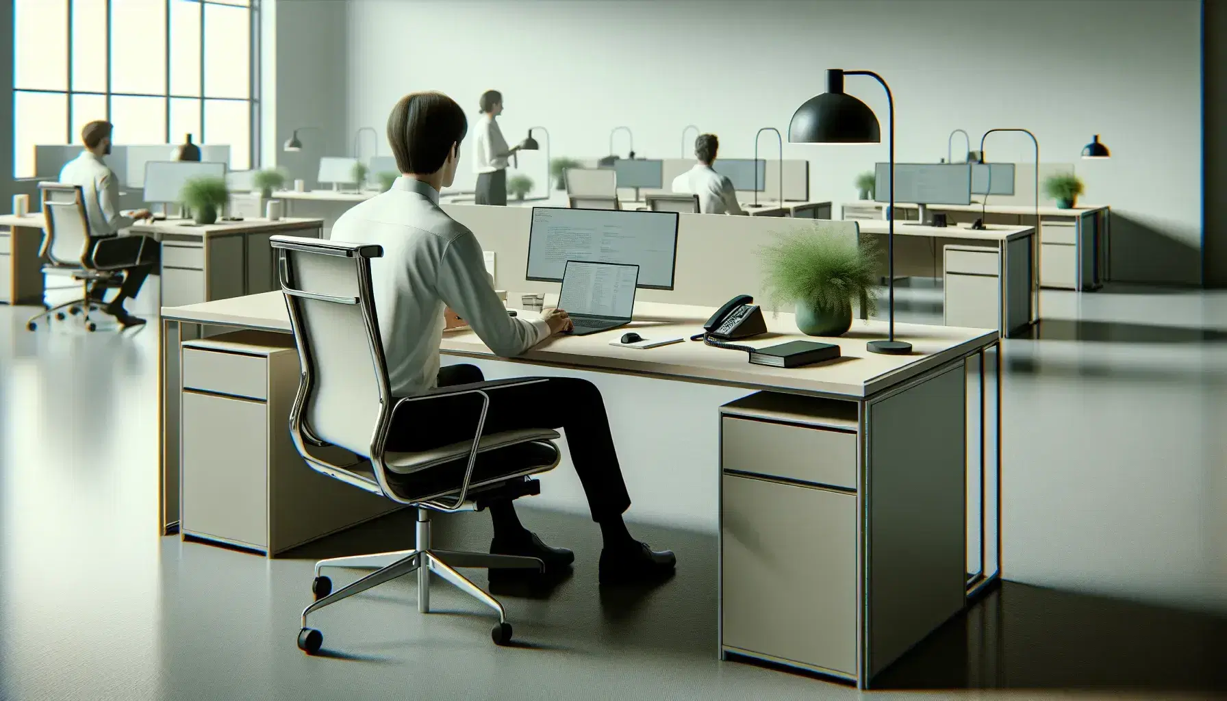 Ufficio moderno con scrivania chiara, laptop aperto, telefono fisso nero e pianta verde, impiegato in camicia bianca al lavoro.