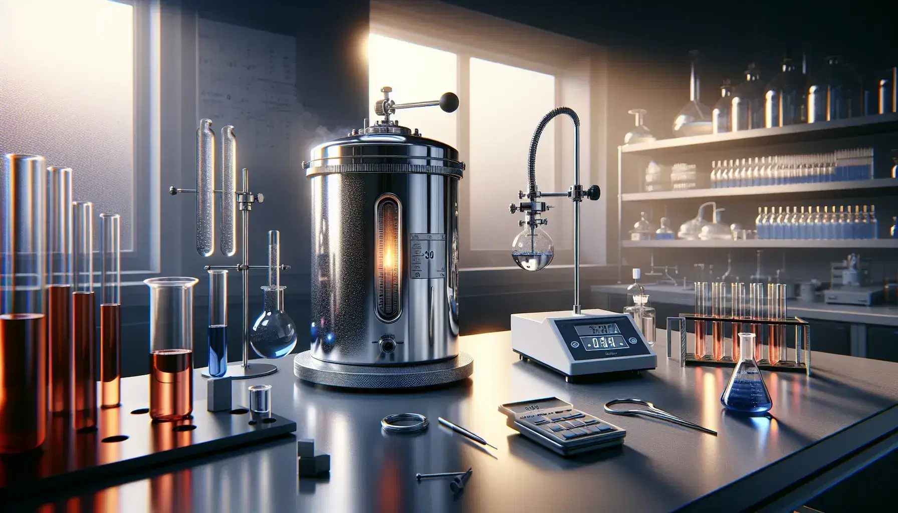 Laboratorio scientifico con calorimetro metallico, provette con liquidi colorati, bilancia analitica e bruciatore Bunsen acceso.