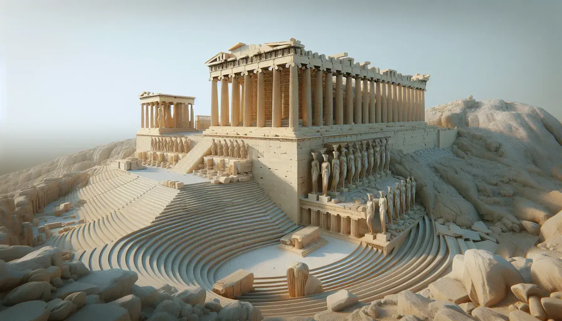 Reconstrucción tridimensional de la Acrópolis de Atenas con el Partenón, el Erechtheion con Cariátides y un teatro al aire libre, bajo un cielo azul claro.