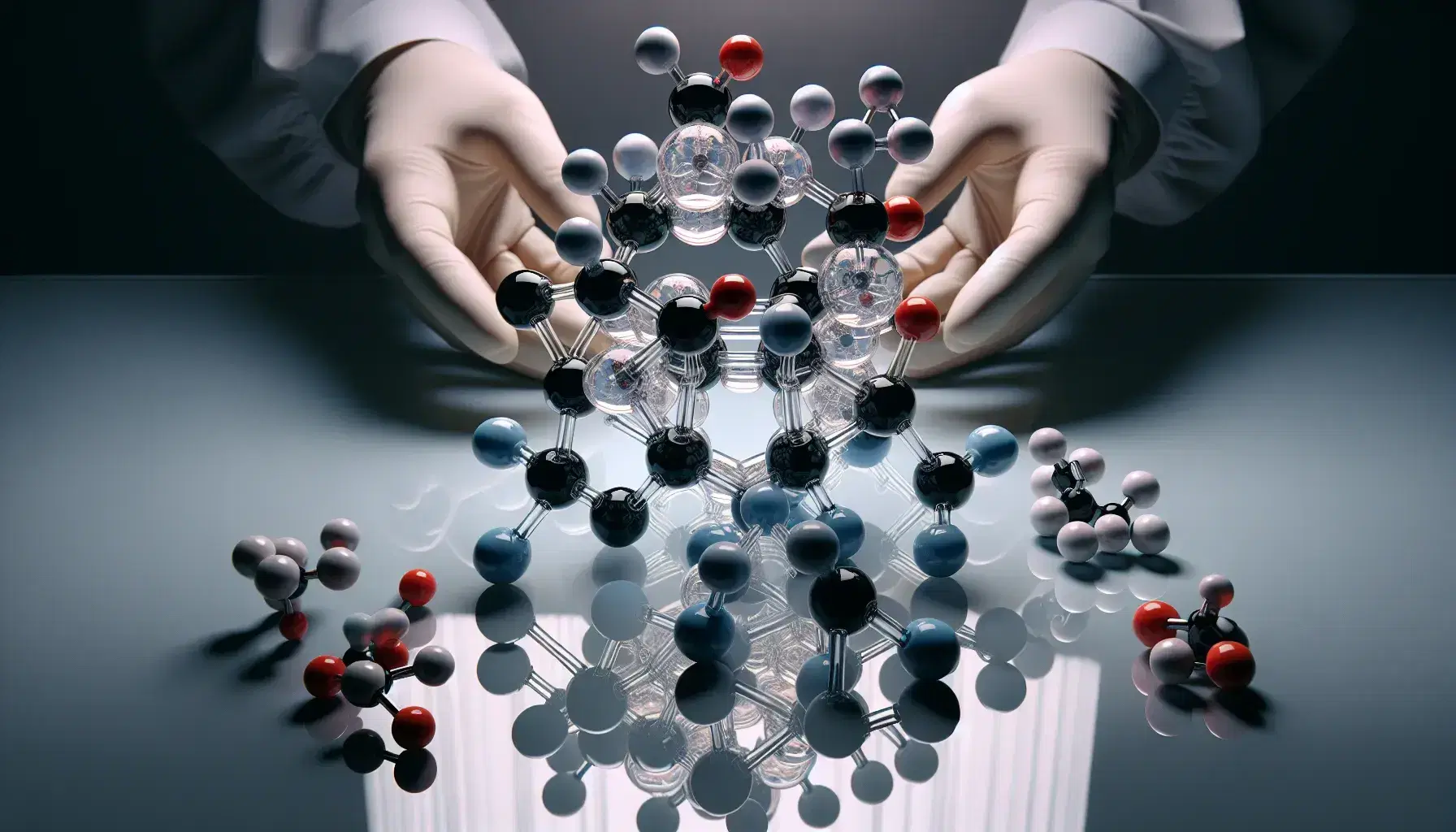 Three-dimensional molecular models of amino acids with colored spheres for atoms on reflective surface, gloved hands hold chiral model.