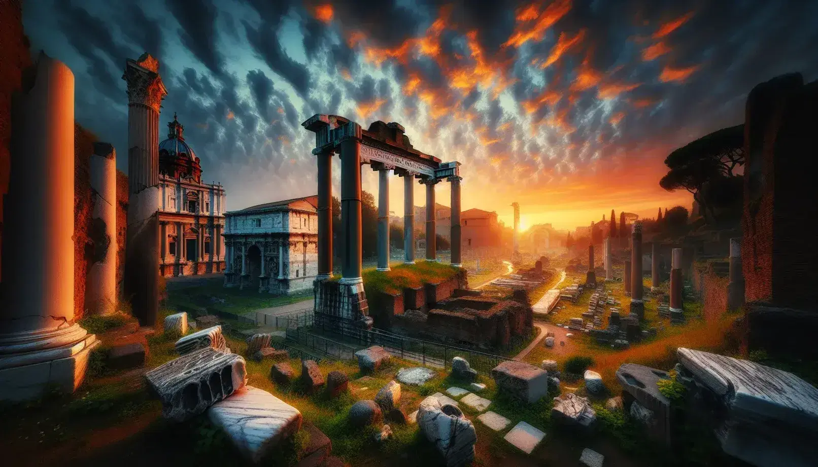 Tramonto sul Foro Romano con la Colonna di Foca in evidenza, rovine antiche illuminate dalla luce dorata e cielo sfumato rosso-arancio.