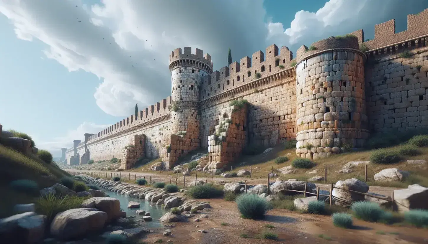Mura Aureliane ben conservate con blocchi di pietra massicci sotto cielo azzurro, torre semicircolare e vegetazione sparsa.