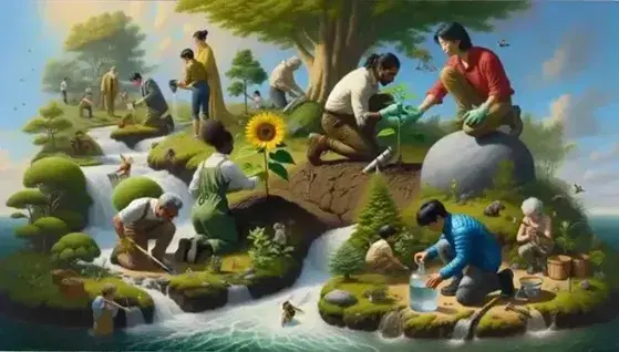 South Asian woman plants a tree, African man collects water from river, boy observes bee on sunflower, group walks in forest.