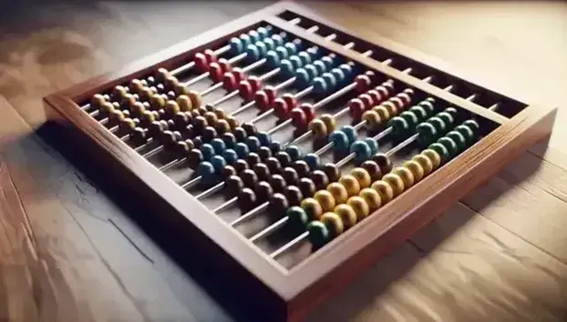 Close-up of a dark wooden abacus with colorful red, blue, green, yellow and orange beads randomly arranged on five horizontal rods.