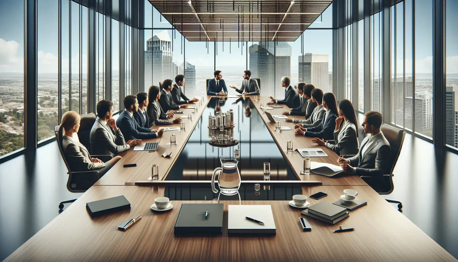Diverse business professionals engaged in a meeting around a polished wooden table with laptops, smartphones, and a water pitcher, in a well-lit office with city views.