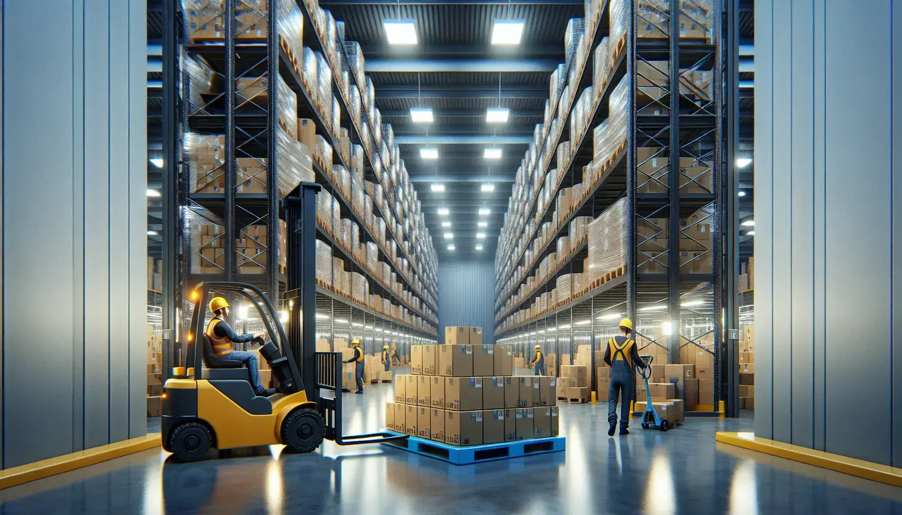 Warehouse worker operates yellow forklift lifting blue pallet with stacked boxes, other employees scan and move goods, under bright lights in a gray, windowless space.