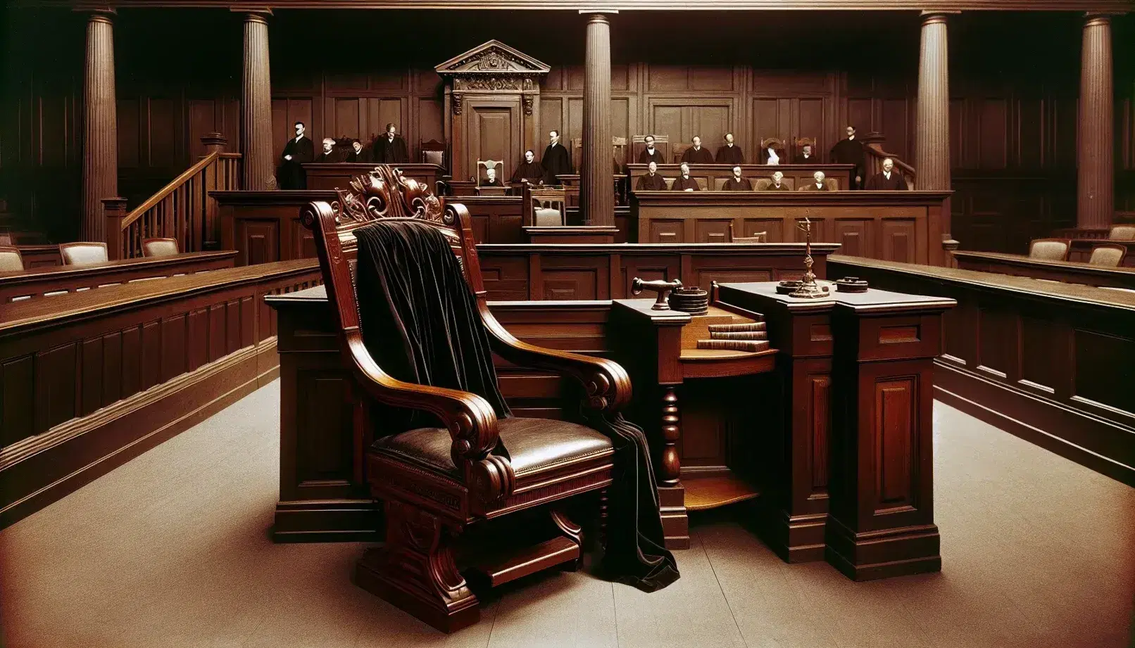 Early 20th-century courtroom with a polished mahogany judge's bench, witness stand, tables with quill pens, and wooden gallery benches.