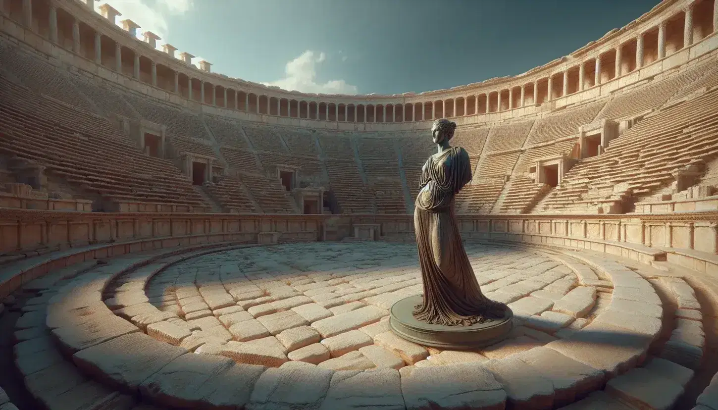 Classical Greek amphitheater with weathered stone seating and central stage, under blue sky, beside a bronze statue of a robed woman in contrapposto.