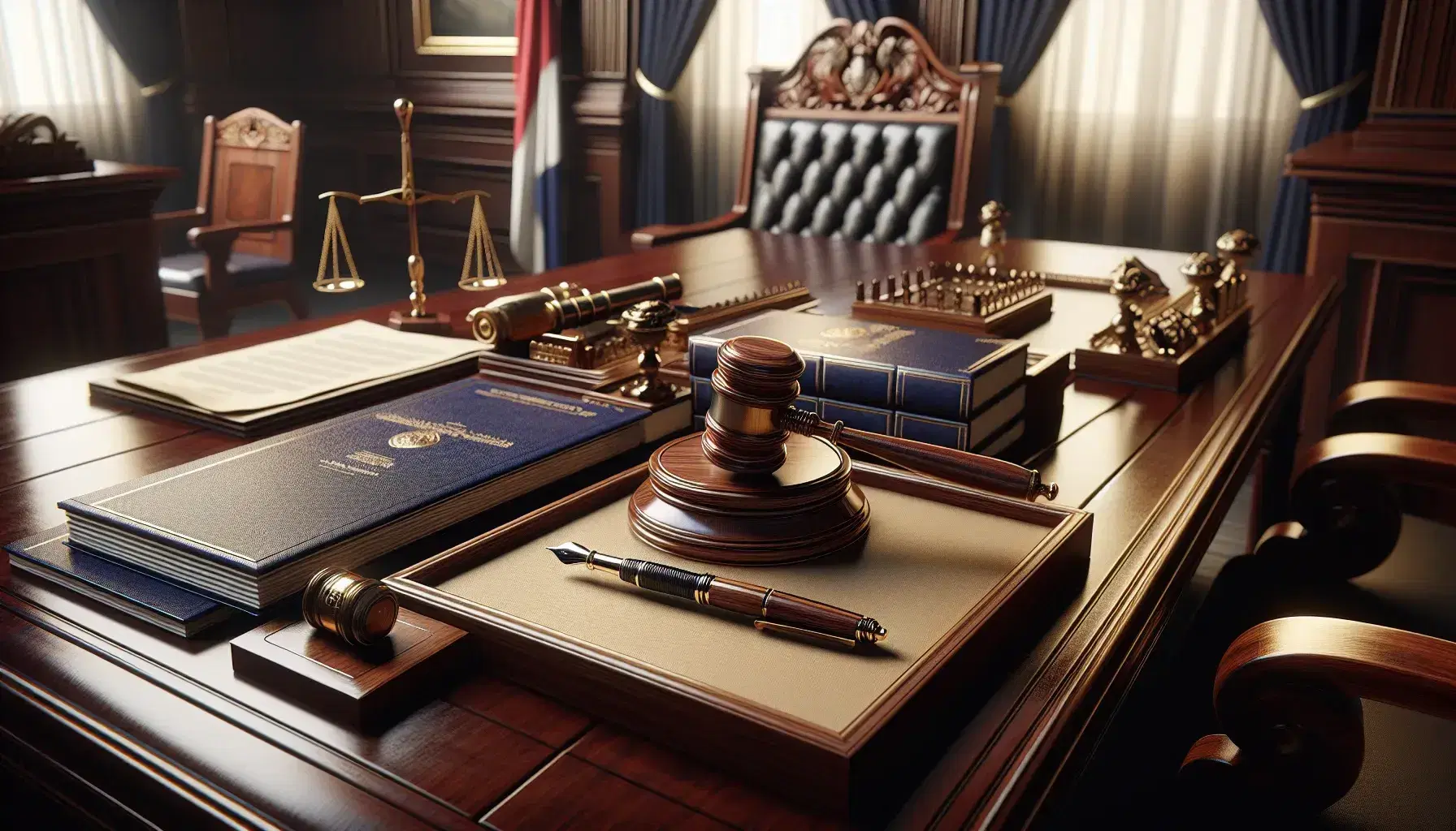 Mazo de juez sobre bloque de madera con documentos de tapa azul y pluma fuente metálica en mesa de tribunal, silla con cojín rojo y bandera al fondo.