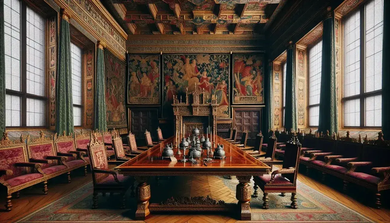 Elegant historical palace room with ornate stucco ceiling, rich tapestries, polished wooden table, carved chairs, quills, and a grand fireplace.