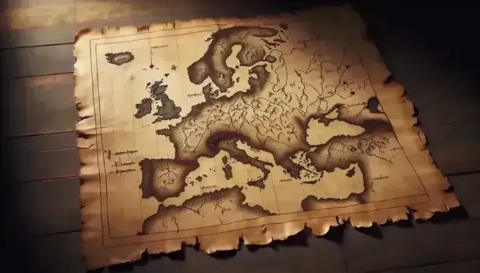 Mappa medievale stilizzata dell'Europa su pergamena ingiallita con rilievi montuosi e fiumi, posata su superficie in legno scuro.