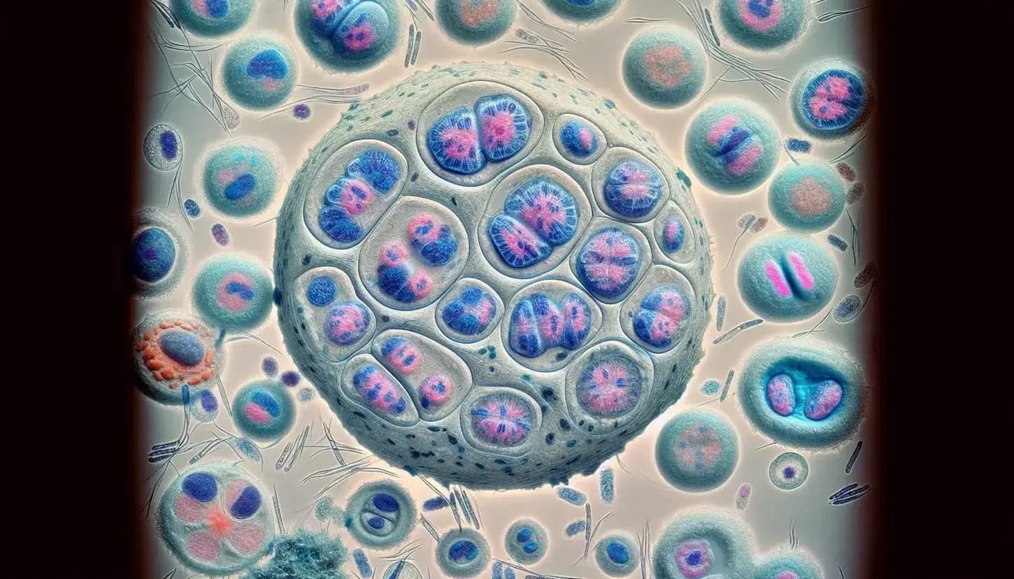 Cellule in varie fasi della meiosi con cromosomi in blu e rosa, nuclei in divisione e strutture filamentose visibili su sfondo grigio chiaro.