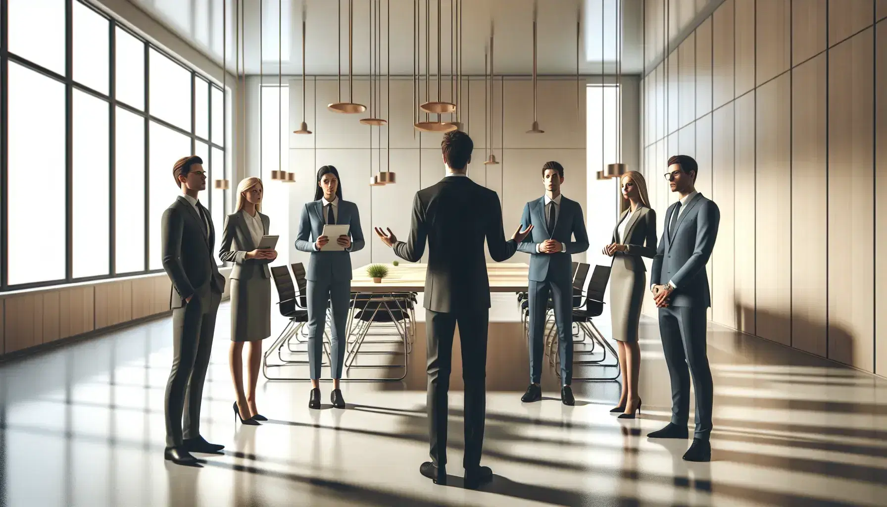 Grupo de cinco profesionales en oficina moderna durante una reunión informal, con uno explicando un punto y una mujer tomando notas en una tablet.