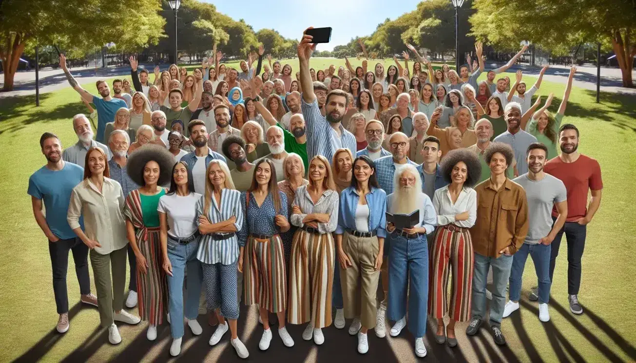 Grupo diverso sonriente en parque tomando selfie sin mostrar pantalla del móvil, rodeados de árboles y cielo azul, vestimenta casual.