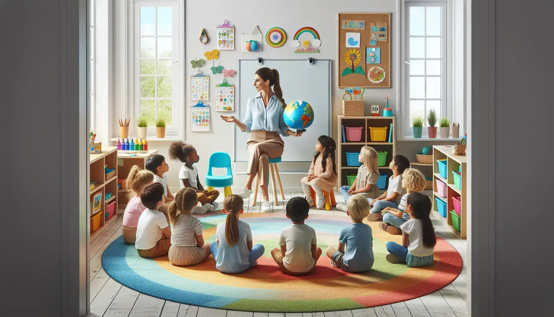 Bambini di diverse etnie seduti in cerchio su sedie colorate in aula luminosa ascoltano insegnante con globo, vicino finestra aperta e scaffali con giochi educativi.