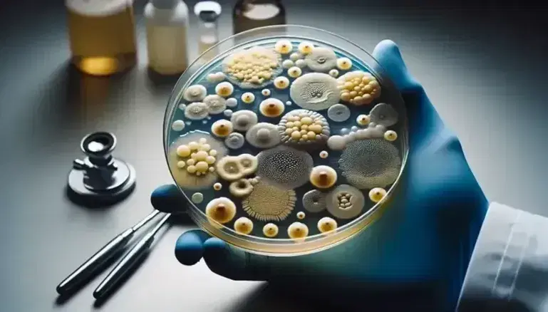 Close-up of a Petri dish in laboratory with colorful bacterial colonies, hands in blue gloves and inoculation loop, on gray bench.