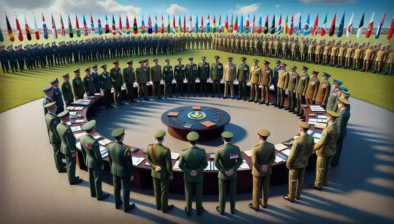 Military officials in varied uniforms engage in discussion around a table with documents, against a backdrop of national flags and a clear sky.