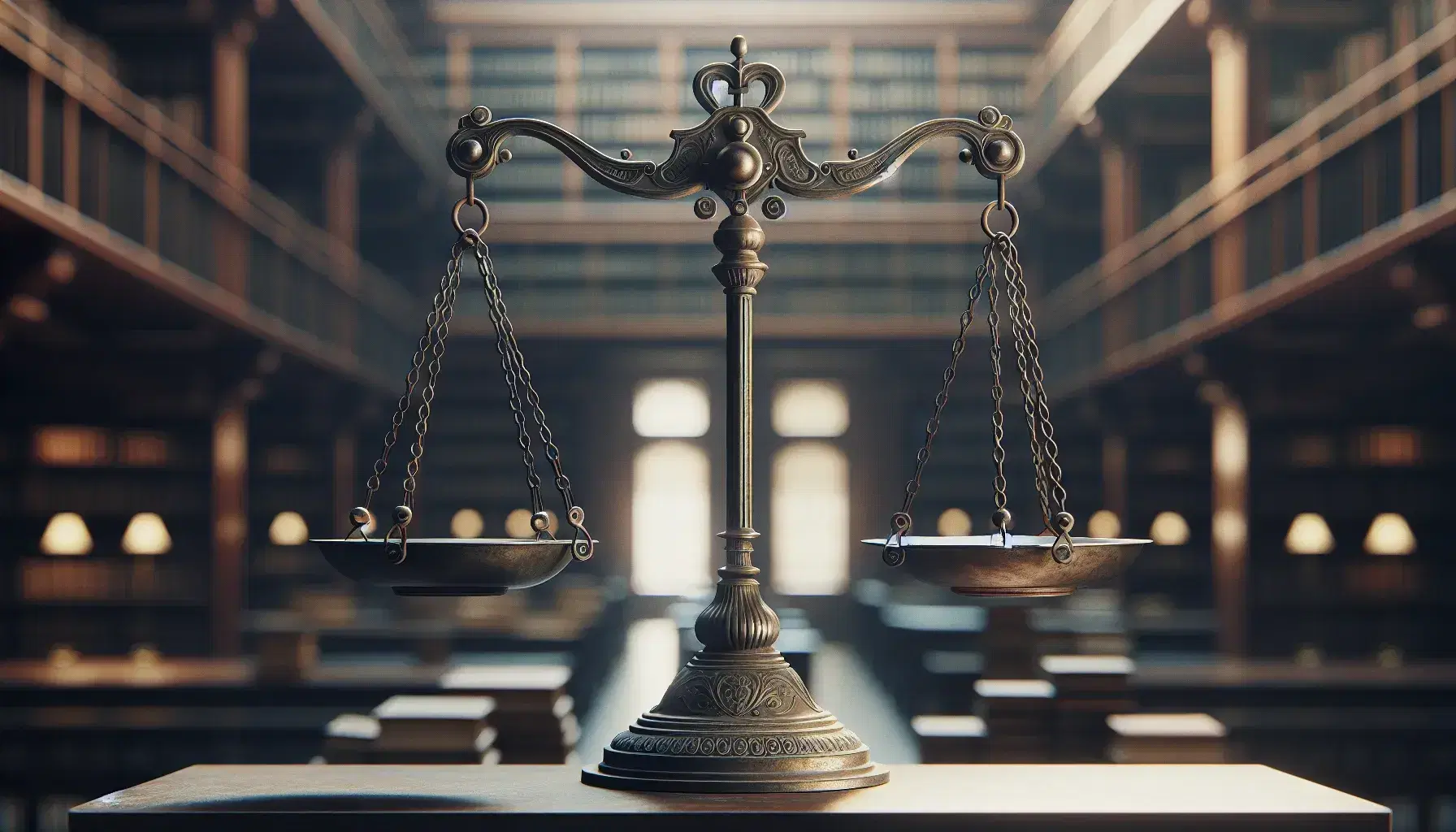 Bilancia antica equilibrata con piatti in metallo opaco su sfondo sfocato di libreria, dettagli classici e luce soffusa.