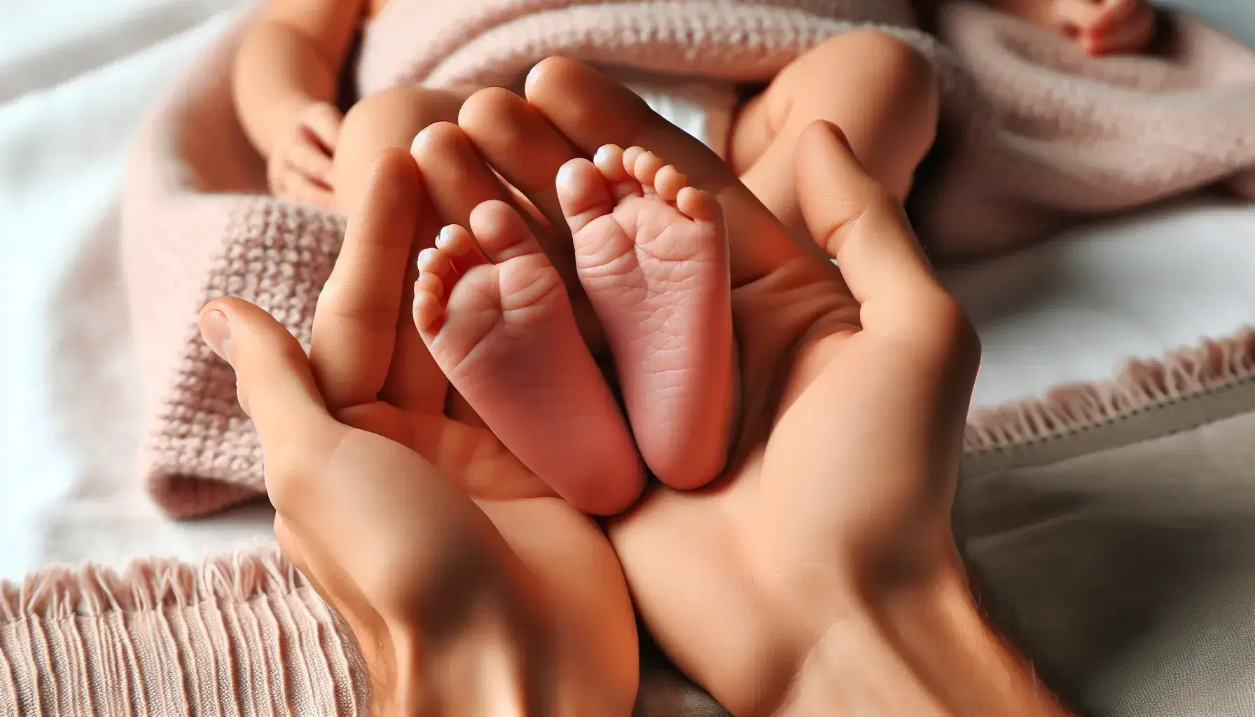 Manos adultas sostienen delicadamente los pies diminutos y rosados de un recién nacido sobre un fondo neutro y difuminado con una manta suave al lado.