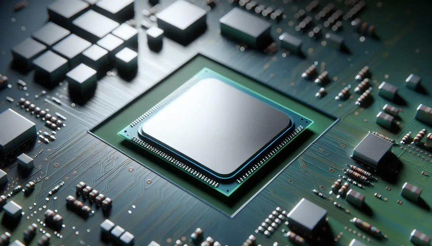 Primer plano de un CPU moderno sin disipador térmico, mostrando un cuadrado de silicio sobre sustrato verde y puntos de soldadura plateados, con componentes electrónicos al fondo.