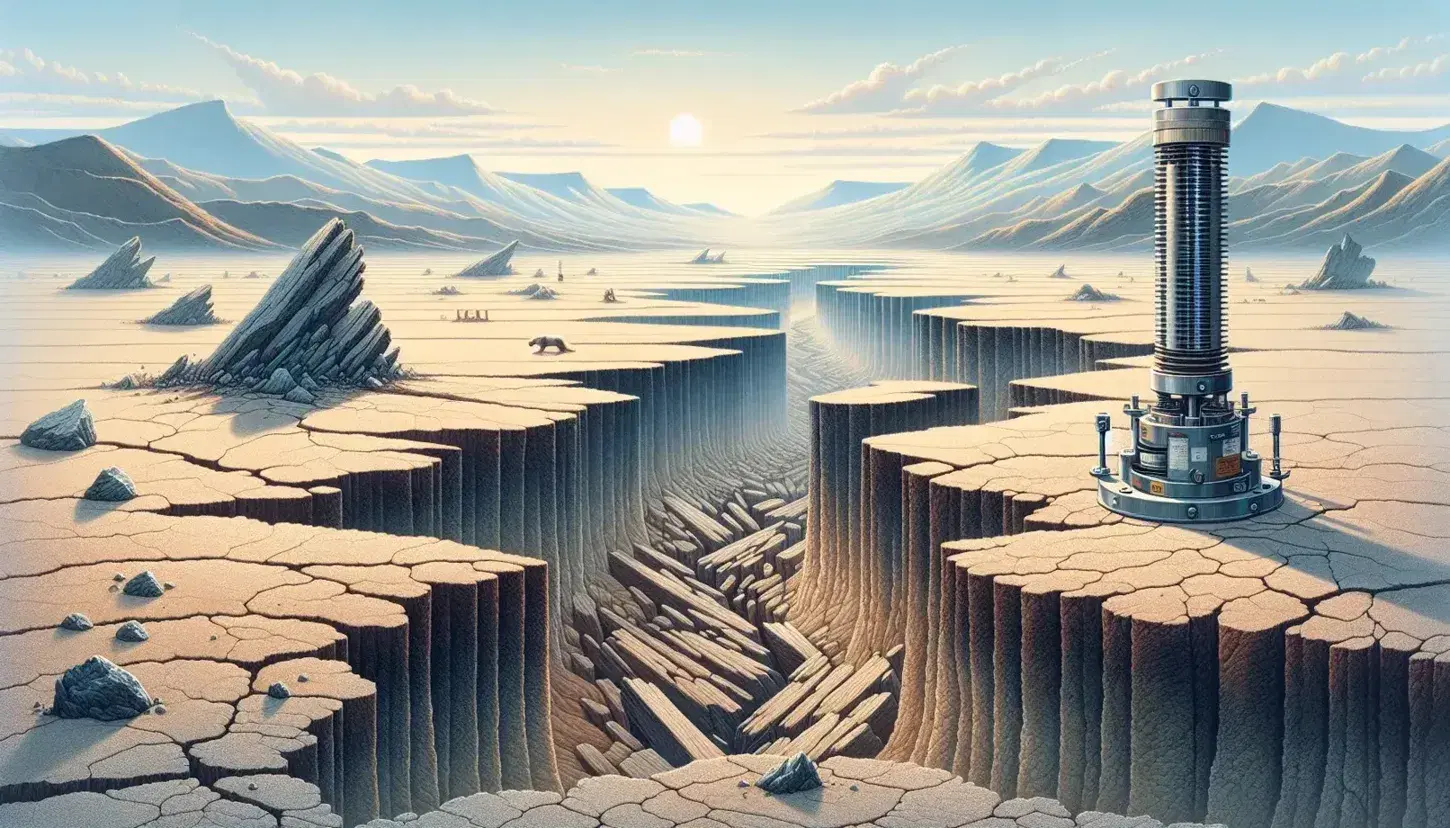 Faglia naturale nel terreno con strati di roccia e seismografo metallico in primo piano, sotto un cielo azzurro con nuvole sparse.