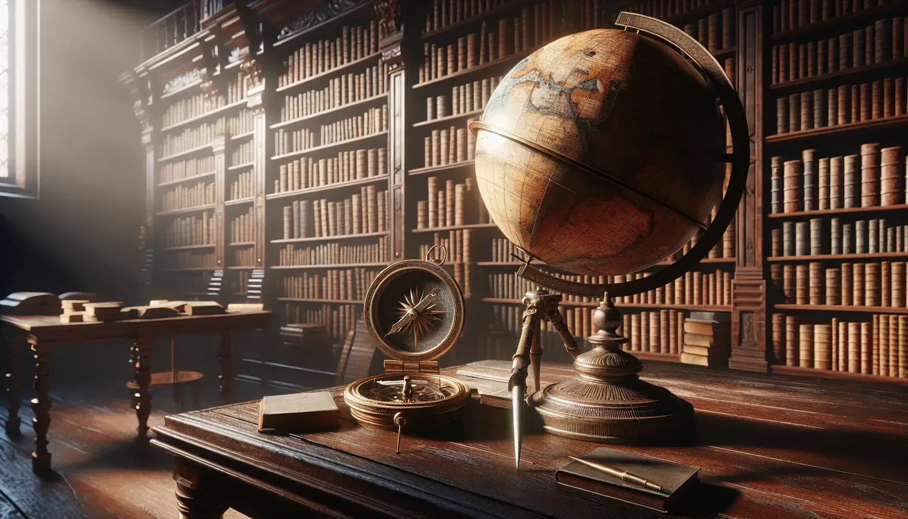 Biblioteca antigua con mesa de madera oscura, globo terráqueo antiguo, brújula de metal, telescopio de latón y estanterías llenas de libros gruesos.