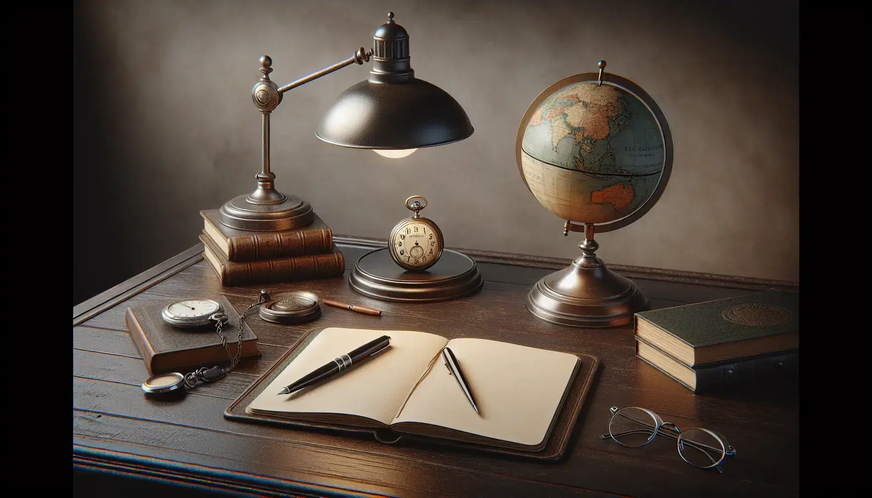 Escritorio de madera antiguo con lámpara clásica, reloj de bolsillo plateado, cuaderno abierto, pluma estilográfica y globo terráqueo sobre soporte de madera.