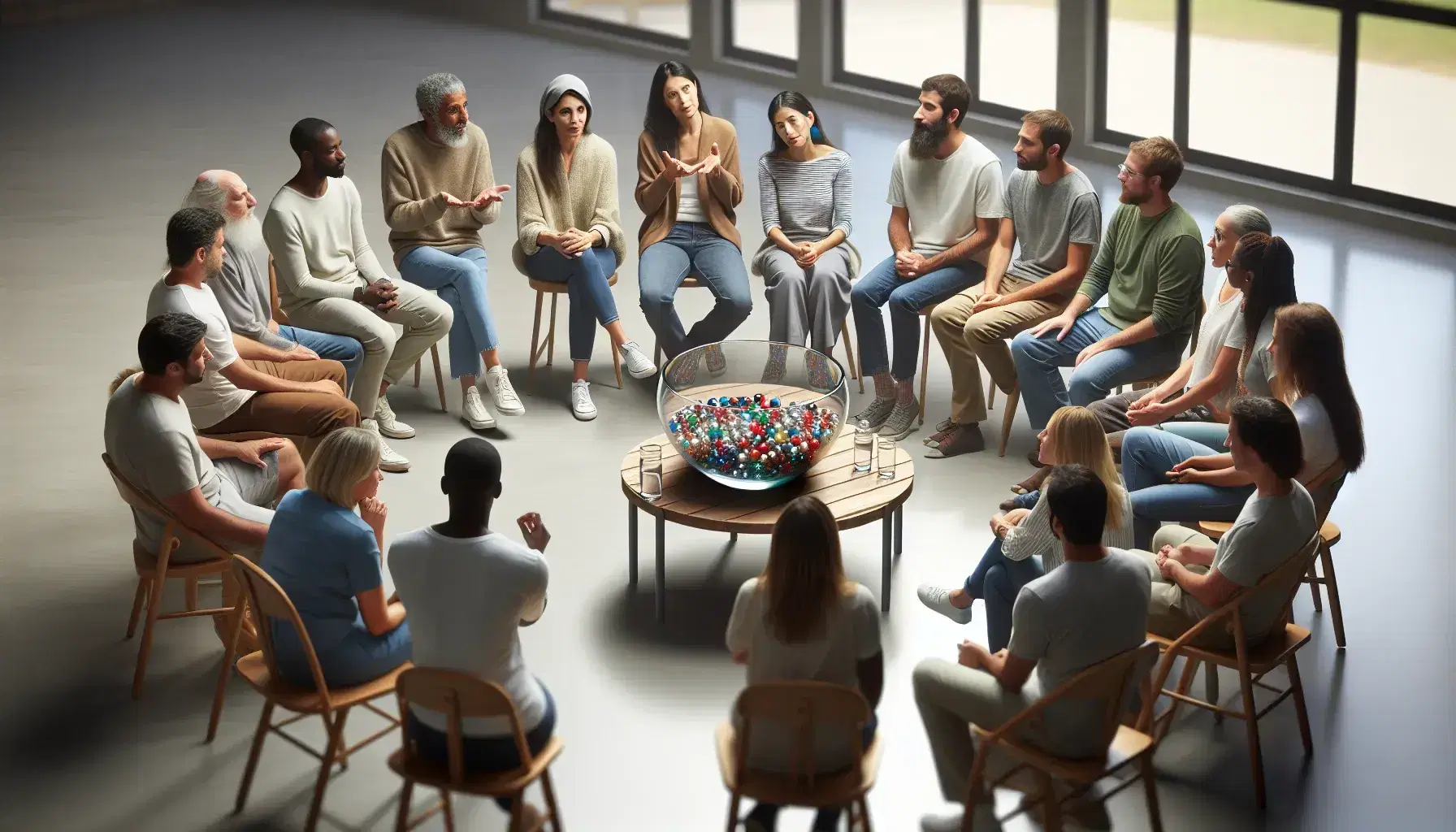 Multicultural gathering of men and women of different ages and backgrounds, sitting in a circle and engaging in lively conversations, with a bowl of colored marbles in the center.