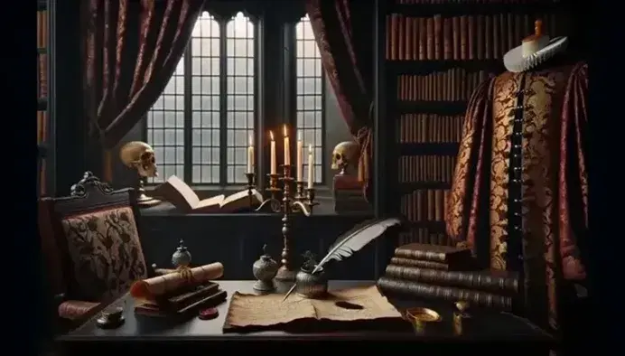 Scrivania in stile elisabettiano con penna d'oca, calamaio d'argento e sigillo di cera, candelabro in ottone acceso, costume teatrale e teschio su piedistallo in una biblioteca antica.