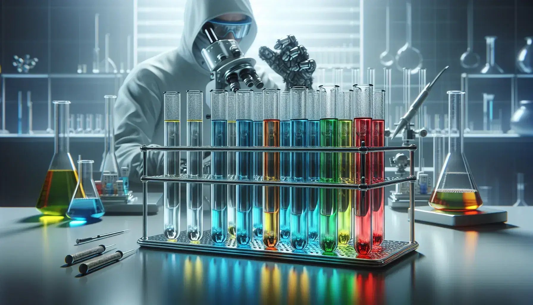 Tubos de ensayo con líquidos de colores graduados en soporte metálico y científico usando microscopio en laboratorio iluminado, reflejando la investigación científica.