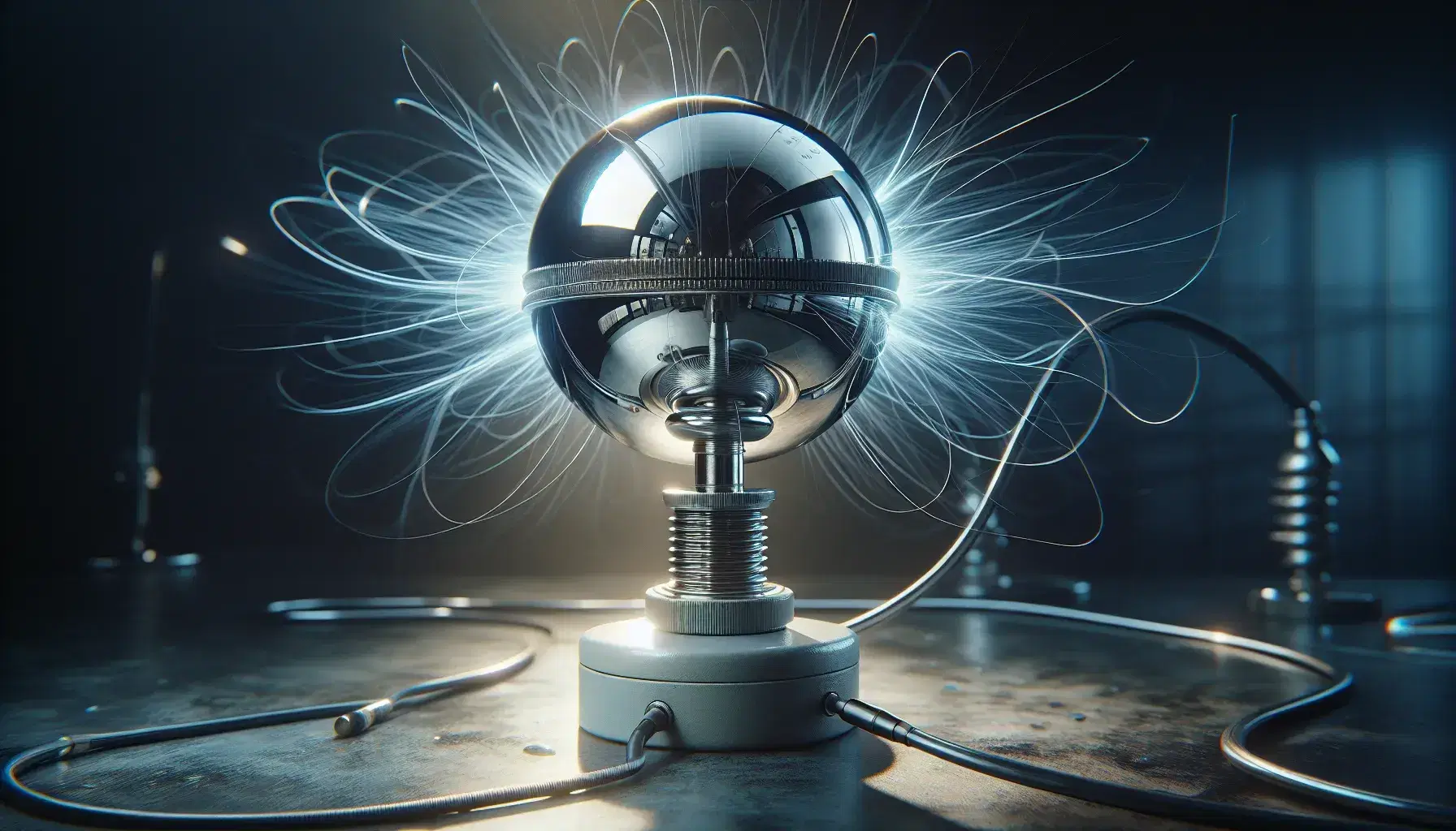 Generatore di Van de Graaff in funzione con sfera metallica riflettente, filamenti blu di campo elettrico e sfondo sfocato.