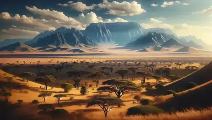 Panorama africano con catena montuosa in lontananza, savana dorata in primo piano e alberi di acacia sparsi, sotto cielo sereno.