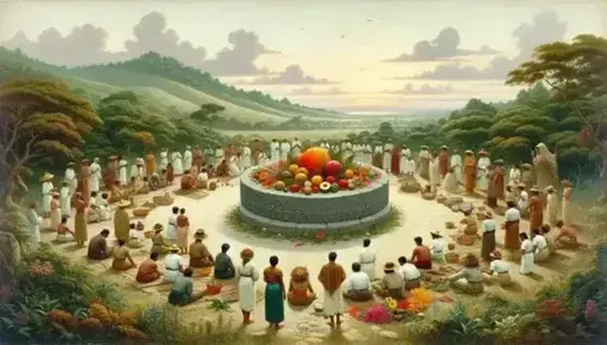 Grupo de personas en ritual tradicional al aire libre con altar de piedra, ofrendas de frutas y flores, rodeados de colinas verdes al amanecer o atardecer.