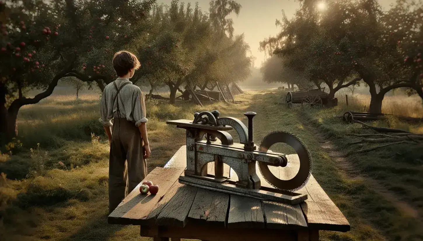 Rustic farm scene with a stationary buzz saw in the foreground, a boy gazing over an apple orchard at sunset, and elongated tree shadows.
