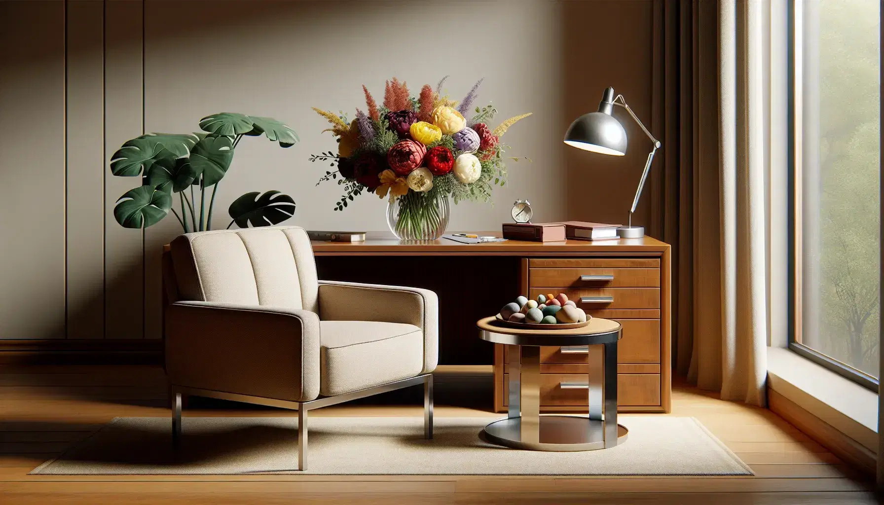 Tidy psychiatrist office with comfortable armchair, wooden desk, lamp, folders, colored stones and green plant in terracotta pot.