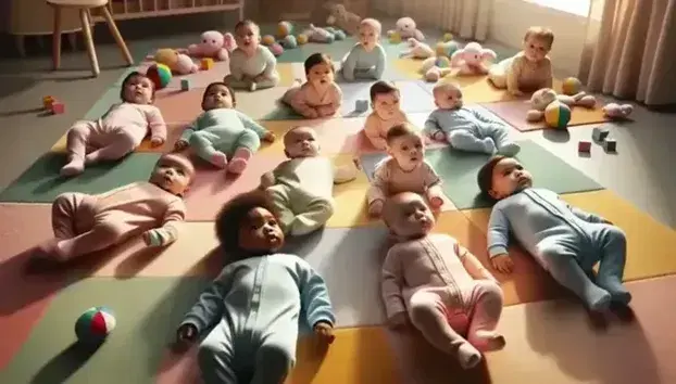 Gruppo multietnico di neonati su tappeto colorato con giocattoli morbidi, vestiti in tutine pastello, interagendo e esplorando.