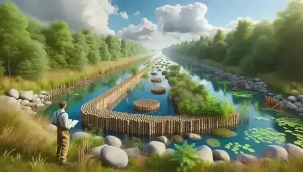 Ingegnere ambientale esamina rinforzi di argini fluviali con fascine di legno e pietre, tra vegetazione rigogliosa e cielo azzurro riflesso nell'acqua.