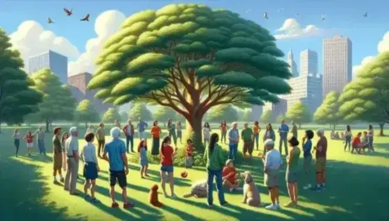 Grupo diverso de personas disfrutando de un parque al aire libre, interactuando alrededor de un árbol frondoso, con un perro y jugando con un balón.