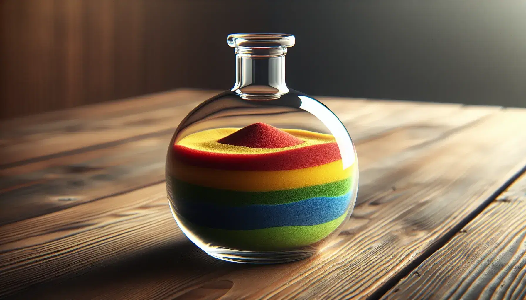 Multicolored sand layers in a clear glass flask on a wooden table, with red, yellow, green, and blue stripes, under soft lighting.
