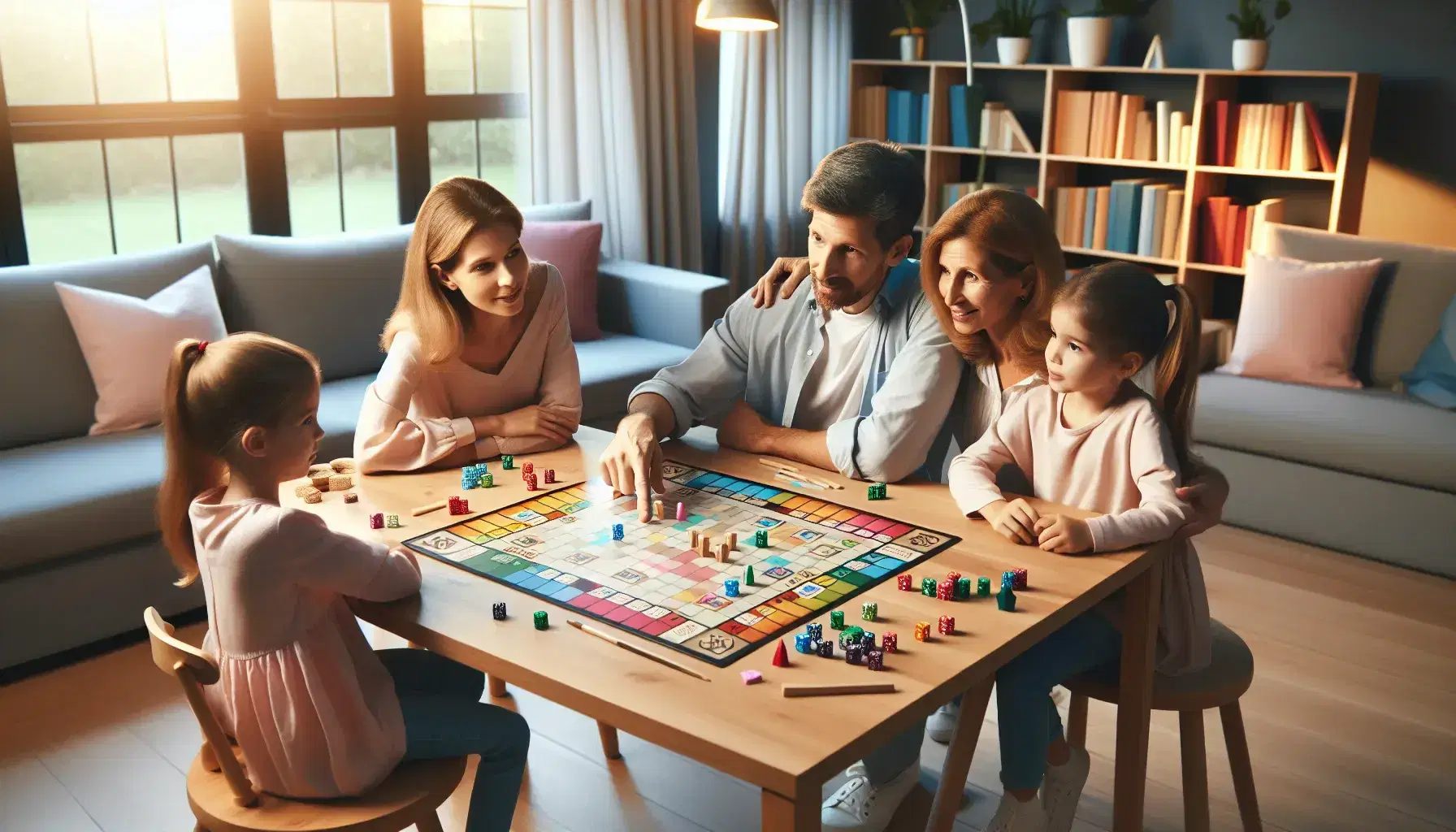 Familia disfrutando de un juego de mesa educativo en un ambiente hogareño con estantería de libros y planta verde al fondo.
