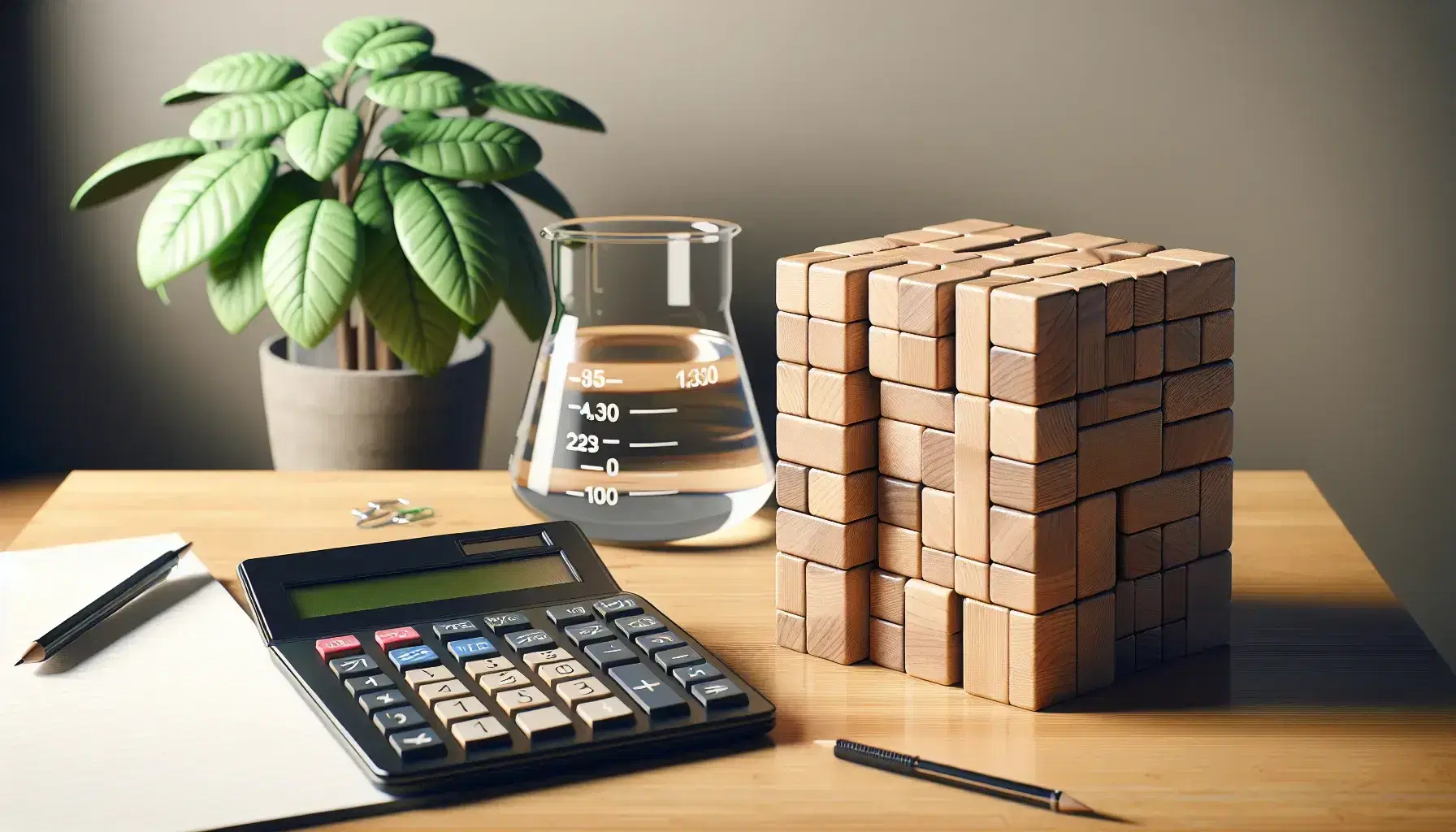 Organized classroom desk with a black calculator, wooden blocks in rectangular and square arrays, a beaker with clear liquid, and a green potted plant.