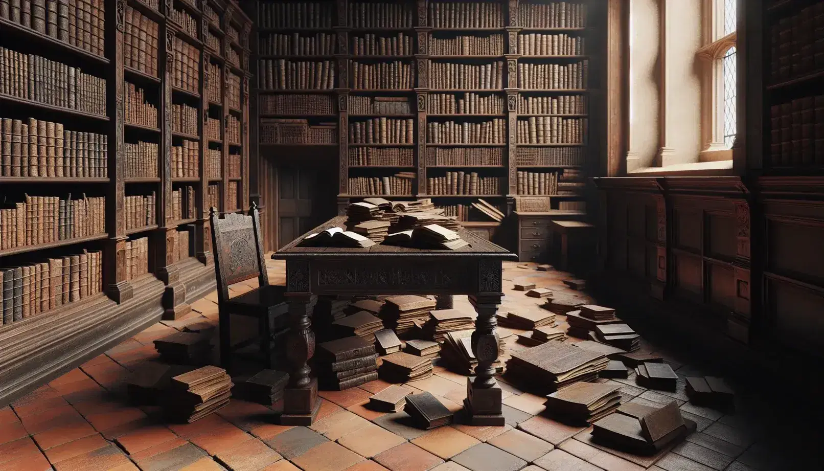 Biblioteca antigua con mesa de madera oscura y libros de cuero marrón desordenados, estantería llena, ventana lateral y tapiz ornamental.