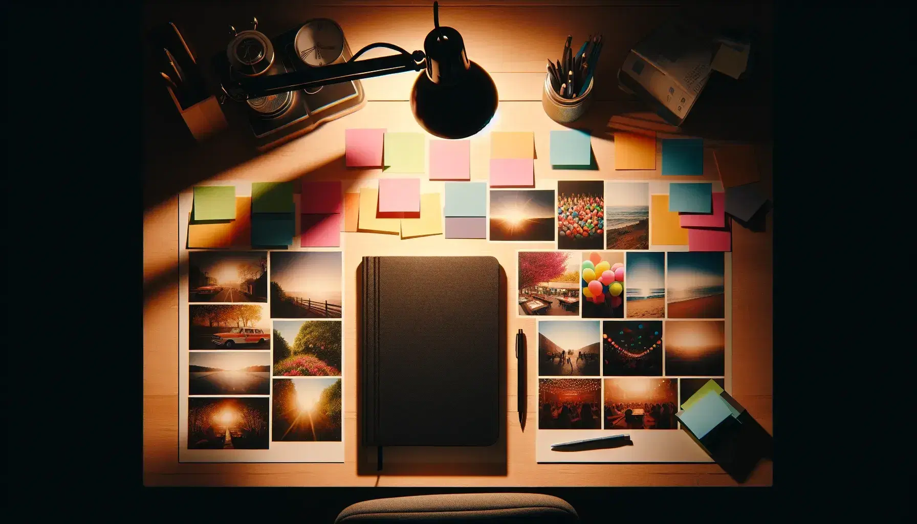 Wooden desk with open notebook, colorful post-its, green plant, silver pen, glasses and colorful landscape photos.