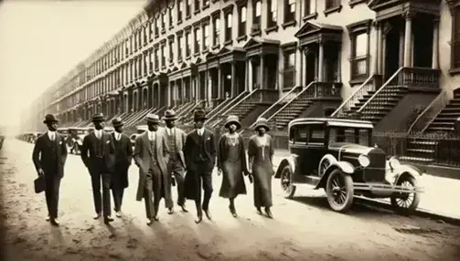 1920s Harlem street scene with elegantly dressed African Americans, vintage cars, and classic brownstone buildings, reflecting Harlem Renaissance culture.