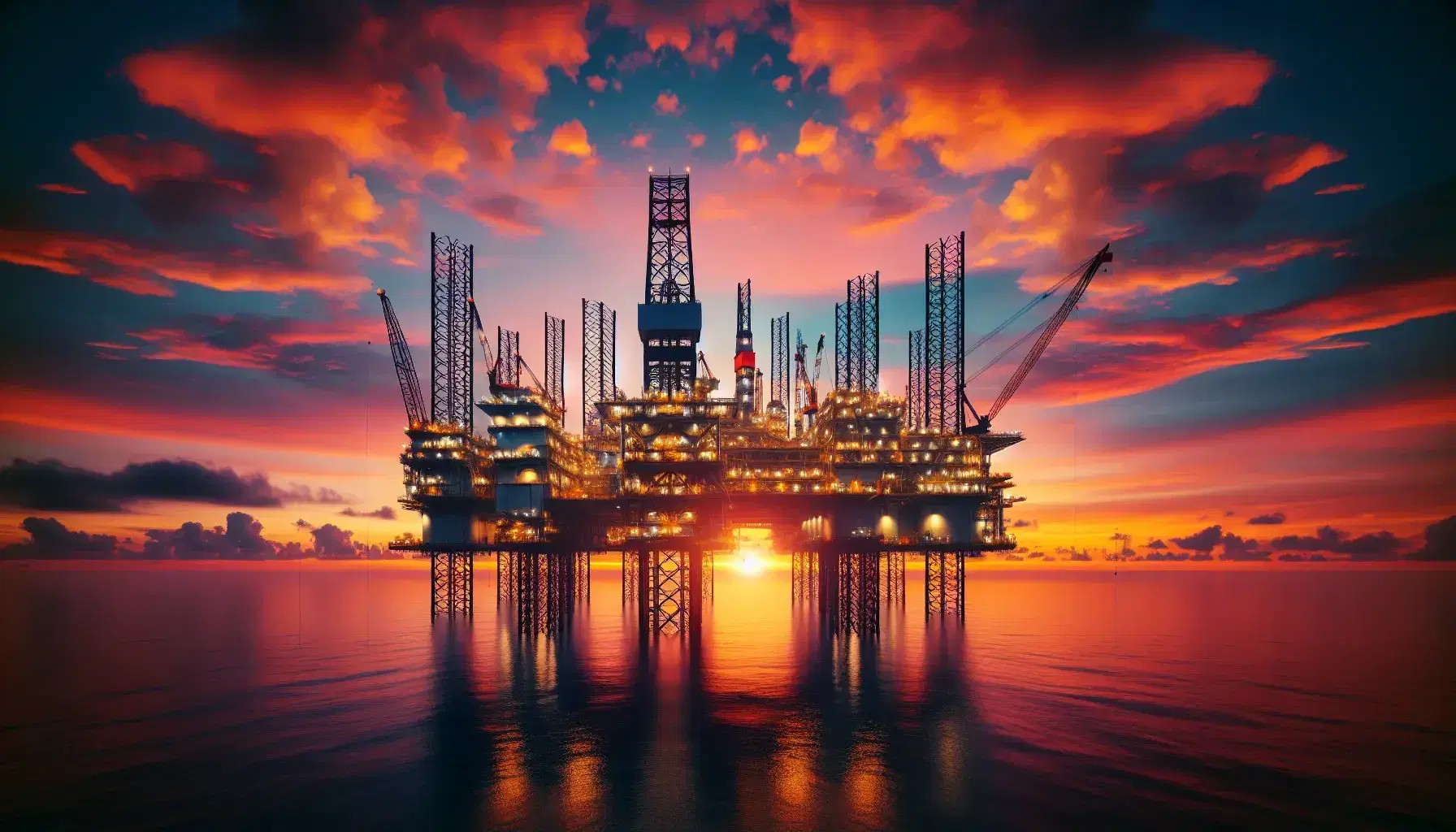 Piattaforma petrolifera offshore al tramonto con torri e tralicci in silhouette, cielo arancione e rosa riflesso sul mare calmo.